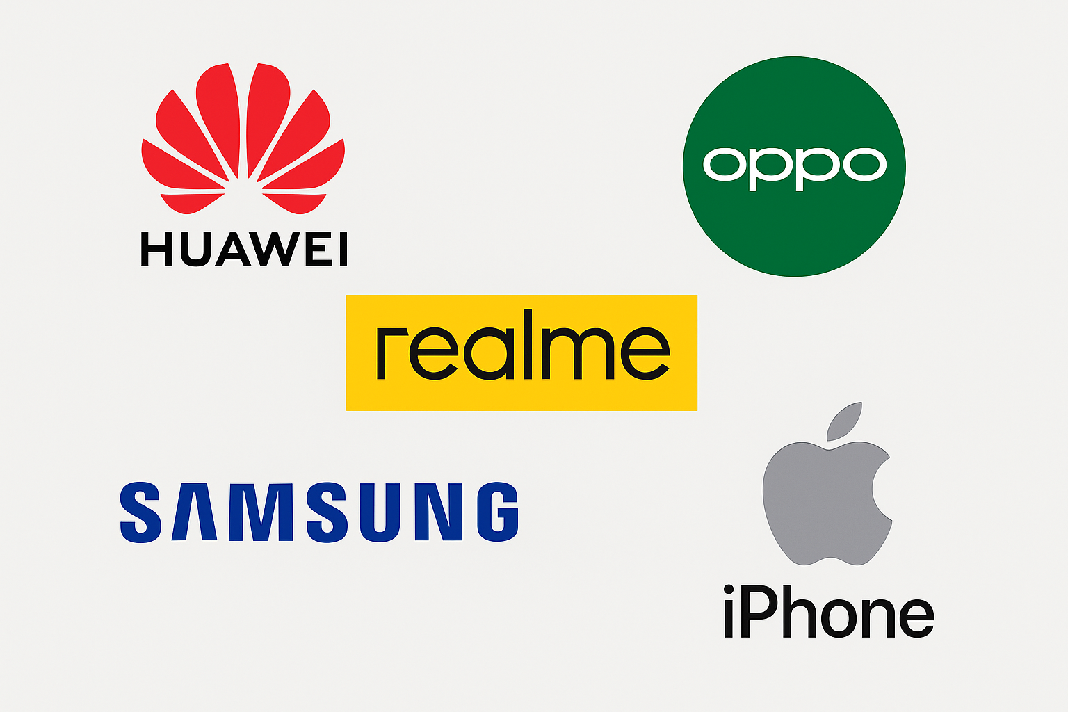 huawei,oppo,realme,samsung and iphone logo collage